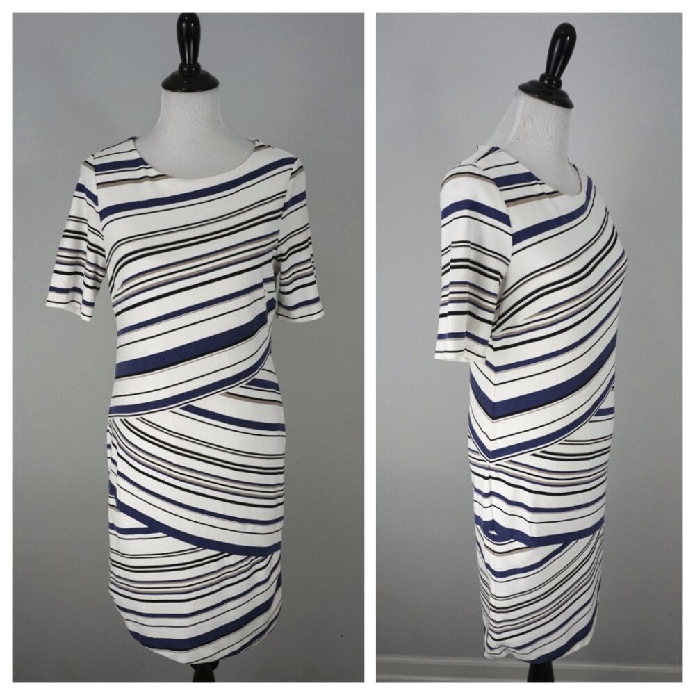 Chicos White Blue Striped Short Sleeve Stretch Sheath Career Work Dress 0 US 4
